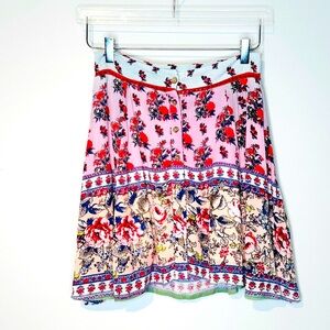 RAGA Red Pink A-Line Button Up Bohemian Mini Skirt Size S